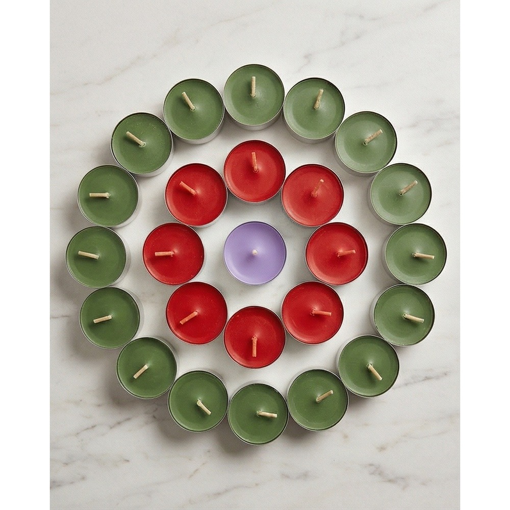Assorted Tealight Candle Set Red Green Purple Unscented Paraffin Wax 32 Count